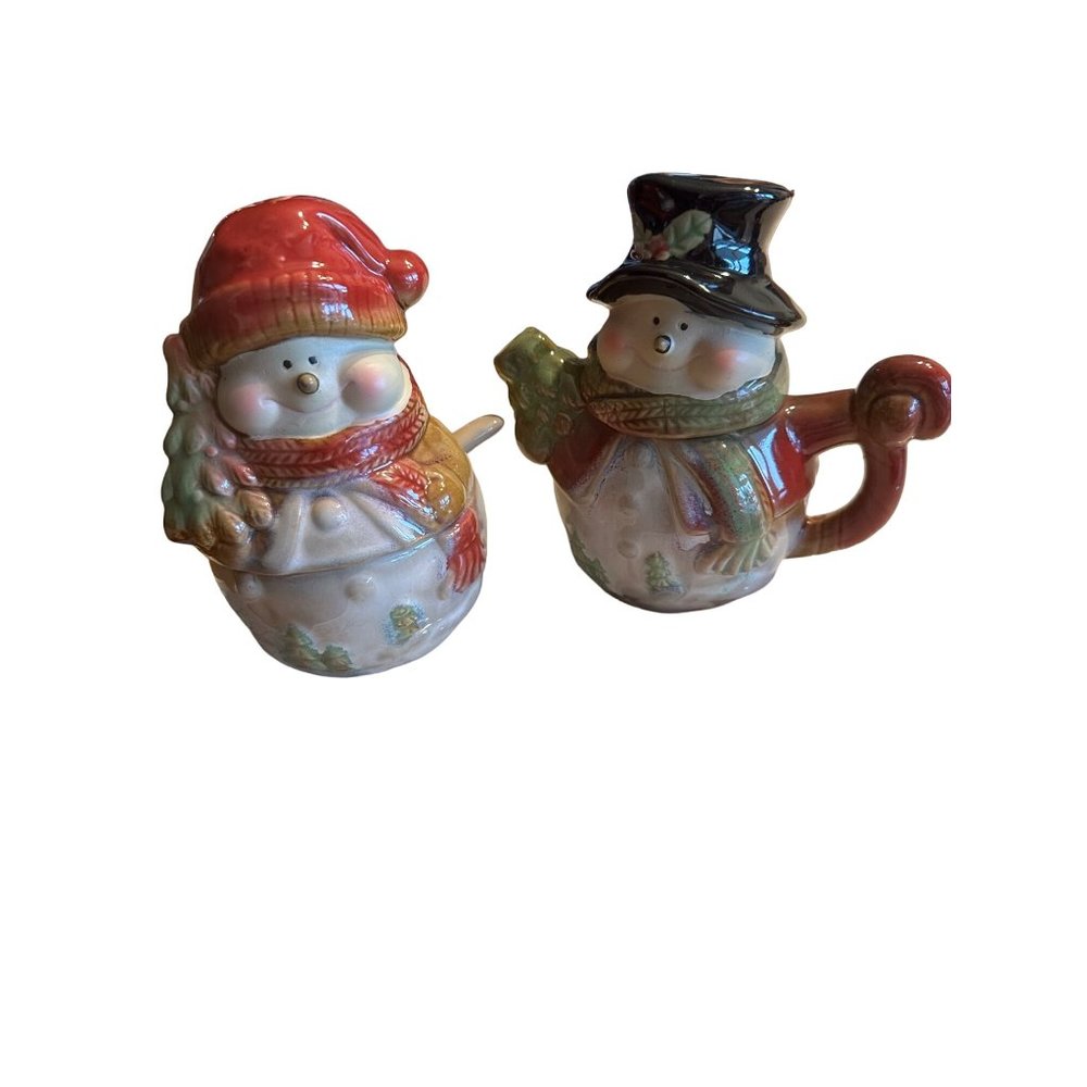 Snowman sugar with spoon and kettle style creamer set‎ warm tones 3"x5"